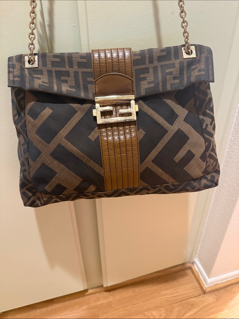 Fendi Brown Zucca FF-Logo Shoulder:Crossbody Bag with Tan Leather Trim - Picture 7 of 13